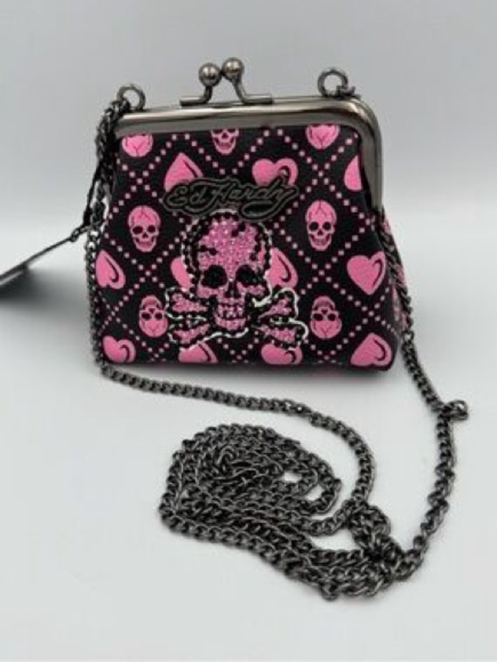 Ed Hardy Pink Skull Kiss-Lock Crossbody Mini Bag